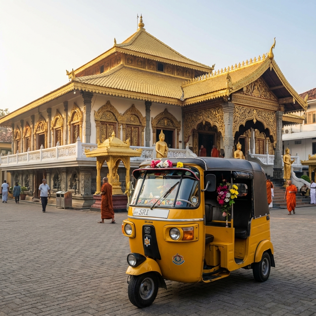 A friendly tuk-tuk driver, B. Subash, smiling from his vehicle.